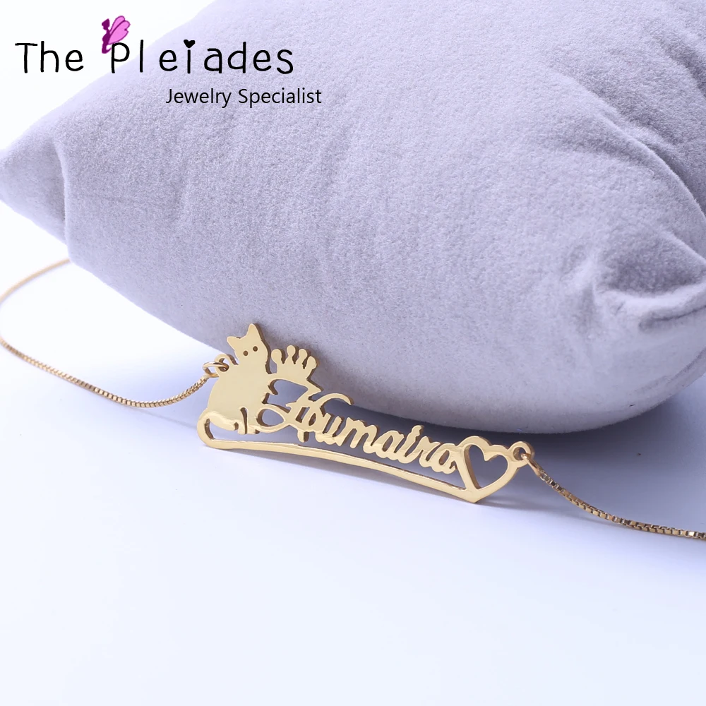 

Gold Color Name Necklace with Cat Heart Deco Personalized 925 Sterling Silver Nameplate Necklace