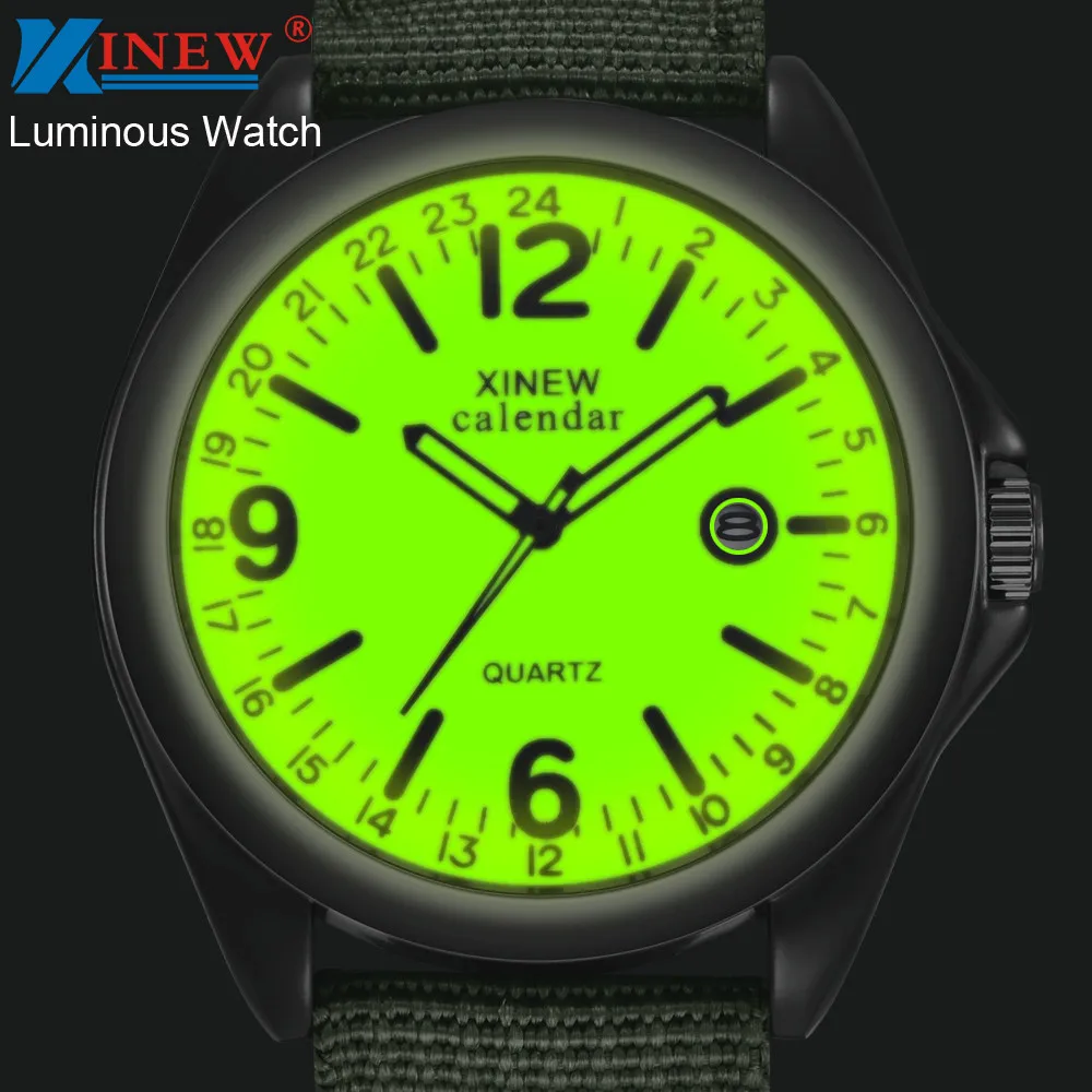 XINEW-reloj militar luminoso para hombre, cronógrafo de cuarzo con calendario, correa de nailon, deportivo, a la moda