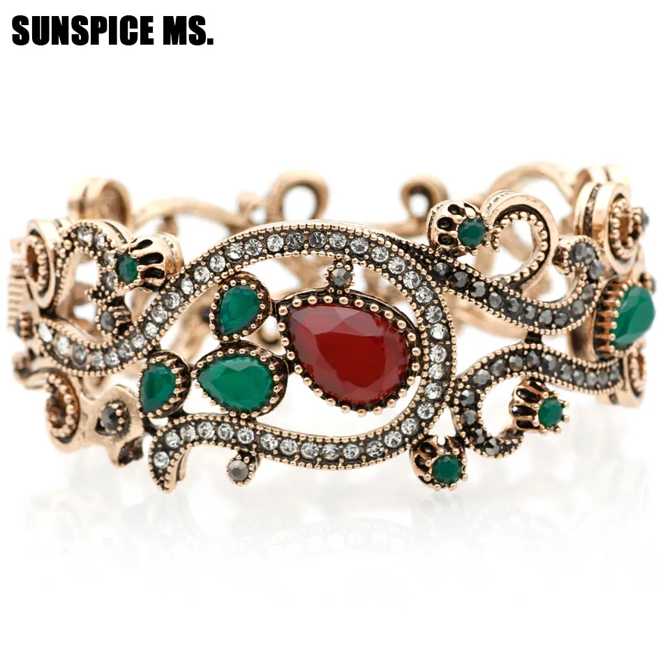 Exquisite Turkish Red Resin Retro Bangle Vintage Cuff Bracelet For Women Antique Gold Color Boho Wedding Jewelry Spring Opening