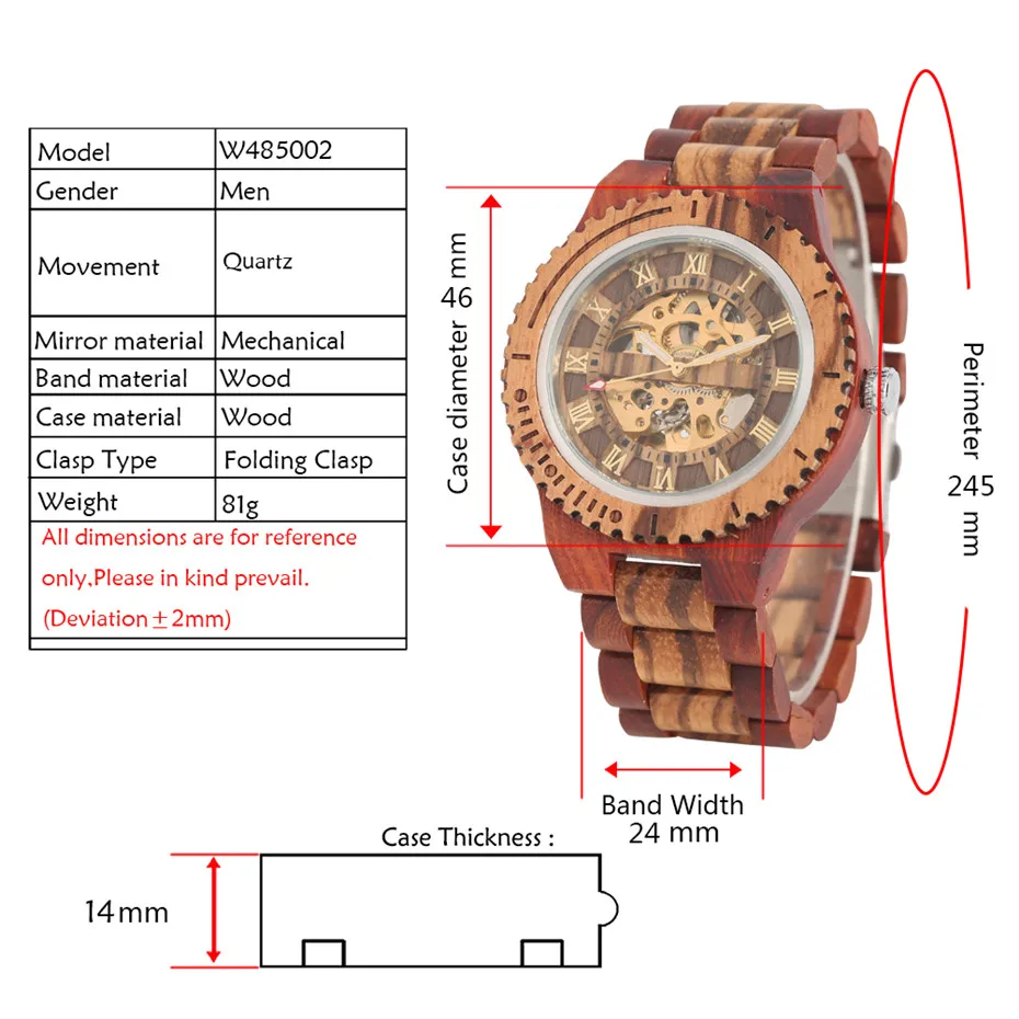 Luxury Wood Watch Mechanical Self-Wind Men\'s Watches High Quality Wooden Bangle Watchband Roman Numerals Display Automatic Clock