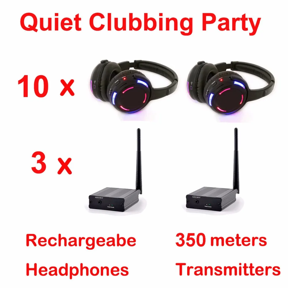 Silent Disco Led Wireless Headphones - Quiet Clubbing Party Bundle (10 Headsets + 3 Transmitters)