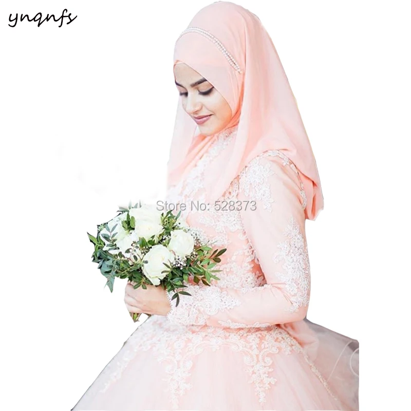 YNQNFS MW8 Islam/Muslim Wedding Dress Hijab Gowns Turkey Abiye Robe de Mariee Long Sleeve Pearl Pink Bridesmaid Dresses 2019