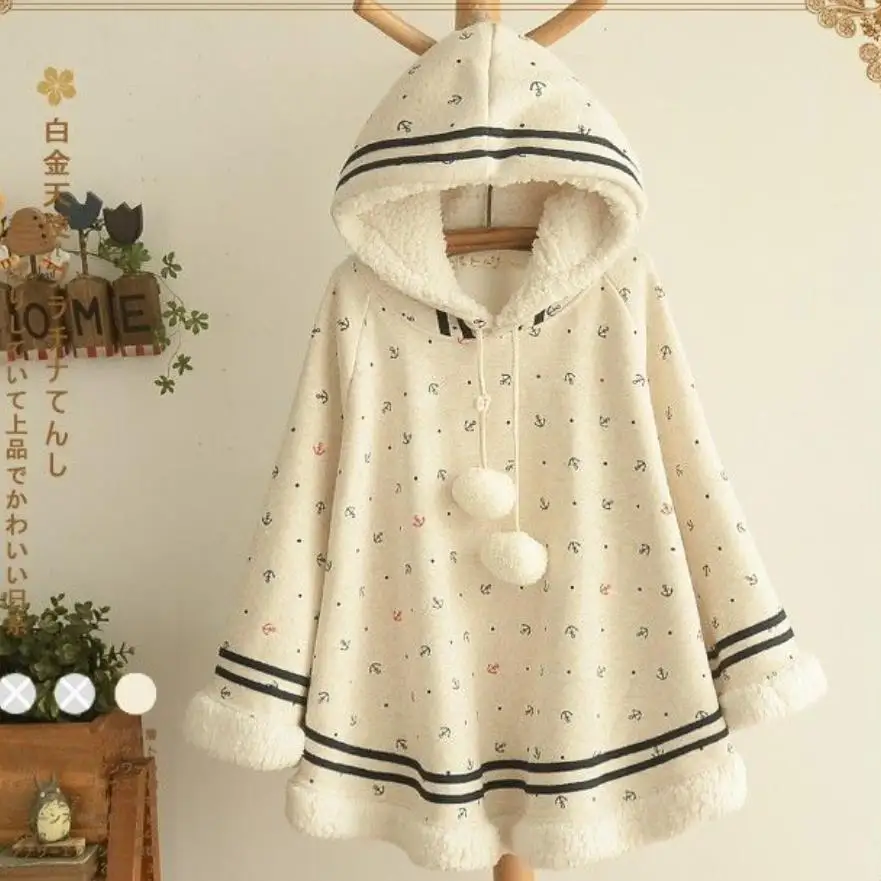 Japanese preppy style hooded printing anchor strap velvet bat cape coat Sweatshirt