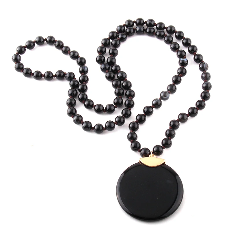 Fashion Bohemian Jewelry Natural Agat Stones Knotted Round Stone Pendant Necklaces For Ethnic Necklace