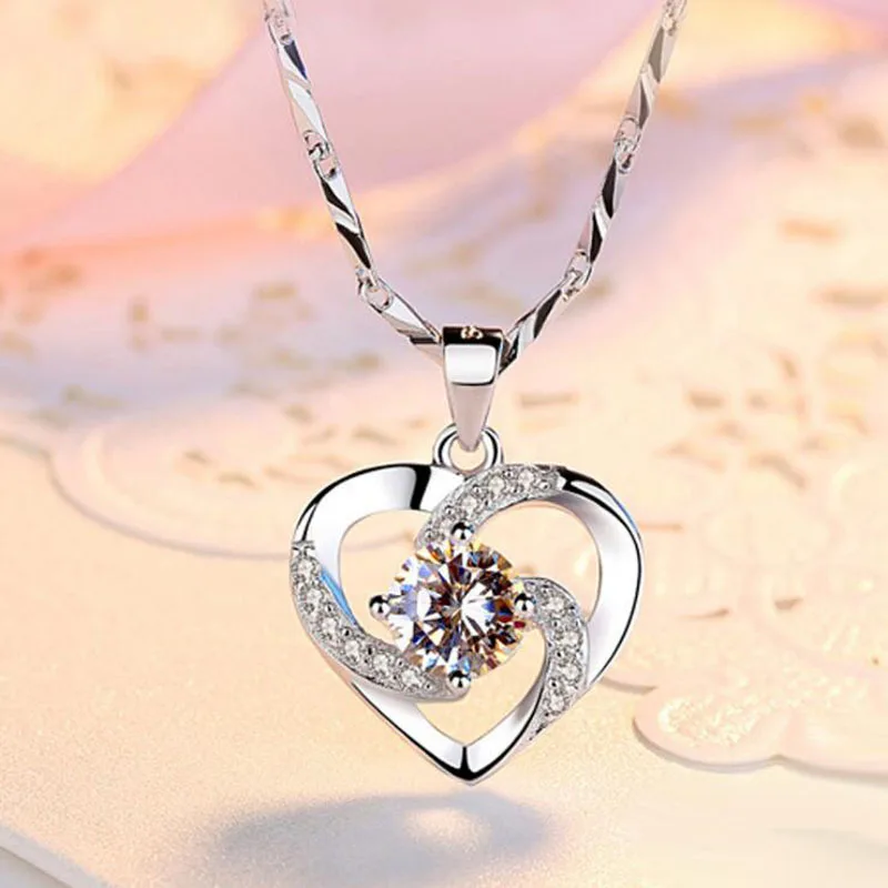 KOFSAC New Luxury Crystal CZ Heart Pendant Choker Necklace 925 Sterling Silver Chain Necklaces For Women Wedding Jewelry Gifts