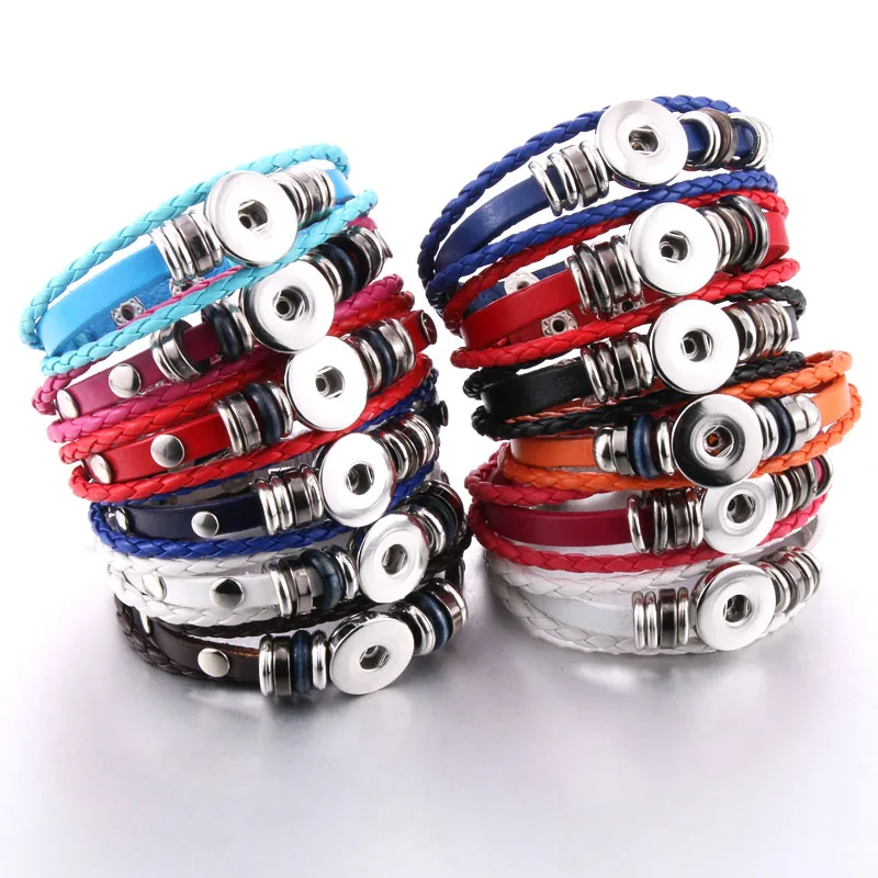 Hot Sale Snap Button Bracelet Bangle Snap Leather Bracelet Retro Handmade Braided Leather Bracelet fit 18MM Snap buttons jewelry