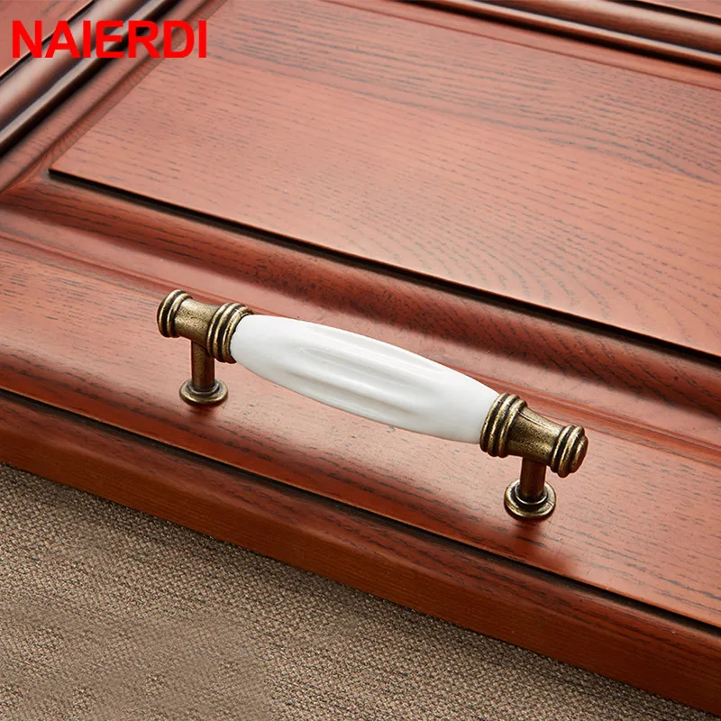 NAIERDI Antique Bronze Ceramic White Cabinet Handles Zinc Alloy Drawer knobs Wardrobe Door Handle European Furniture Hardware