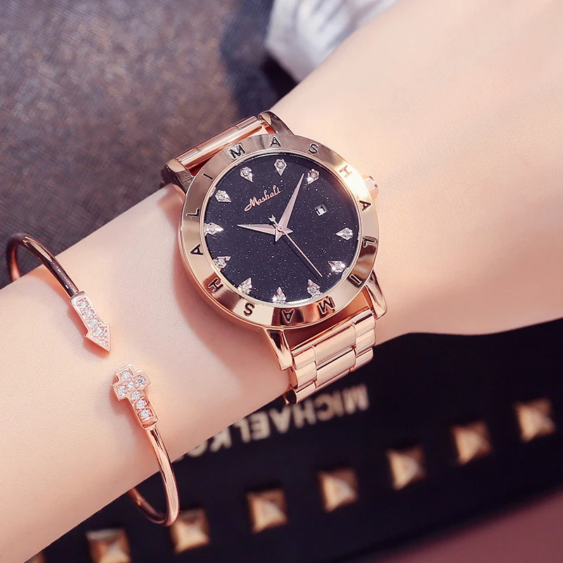 12 Diamond stone clock dress match fashion female watch with golden steel watchband quartz watch