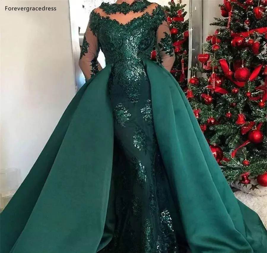 Saudi Arabic Dark Green Evening Dresses 2019 Long Sleeves Formal Women Holiday Wear Celebrity Party Gowns Plus Size Custom Made