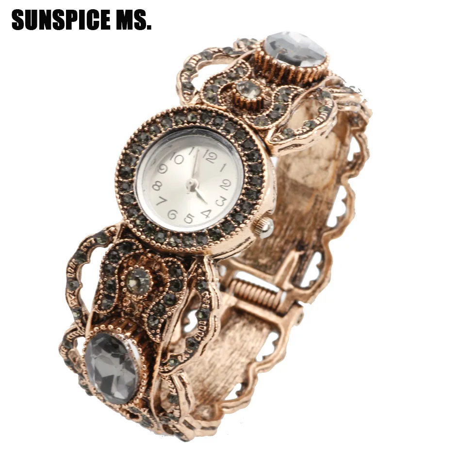 Vintage Round Gray Crystal Bangle Watch Jewelry For Women Antique Gold Color Cuff Bracelet Turkish Wedding Bijoux 2018 Wholesale