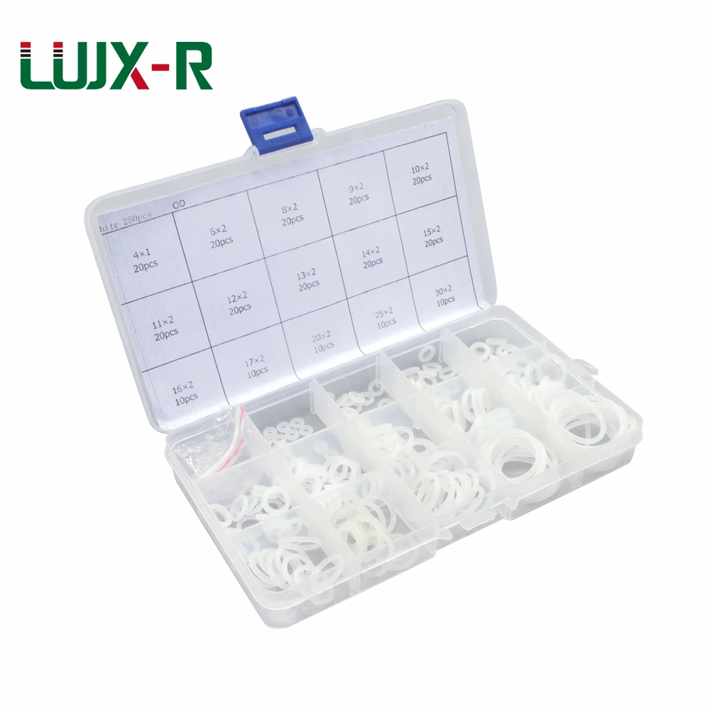 

LUJX-R 2mm 250pcs O-Ring Kit OD 4-30mm Silicone Gasket Set White Washer Repair Assortment O Ring Seal Set Orings Box Gasket Kit