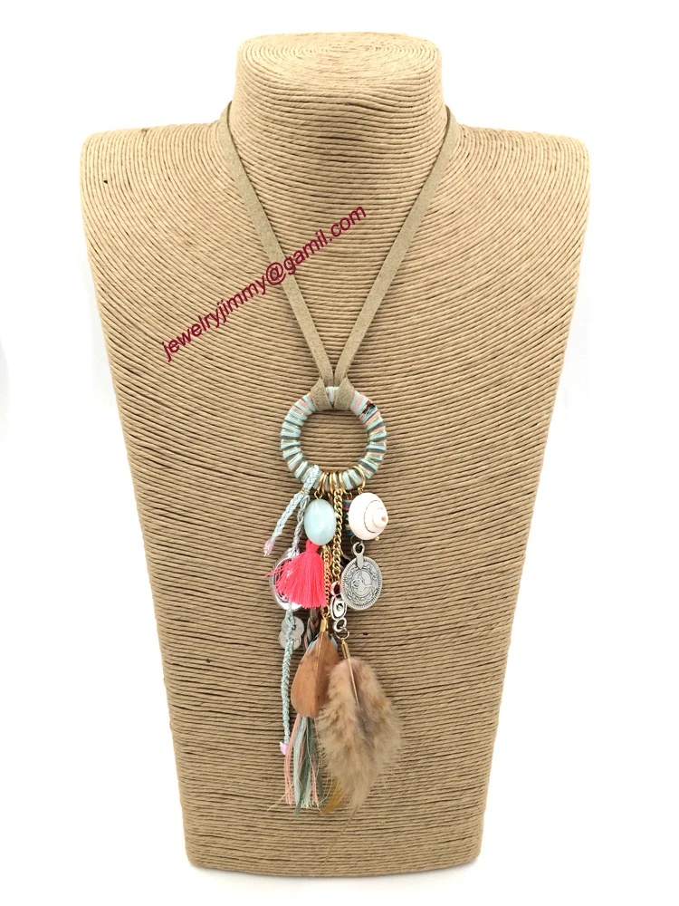 2015New personalized handmade jewelry supplier unique boho feather pendant long Necklaces for women