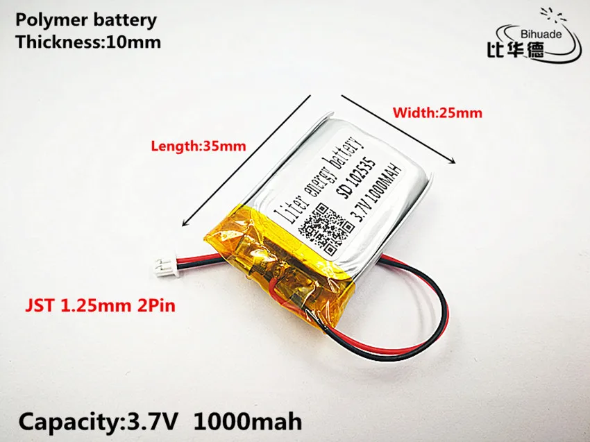 1pcs JST 1.25mm customized Good Qulity 3.7V,1000mAH,102535 Polymer lithium ion / Li-ion battery for TOY,POWER BANK,GPS,mp3,mp4