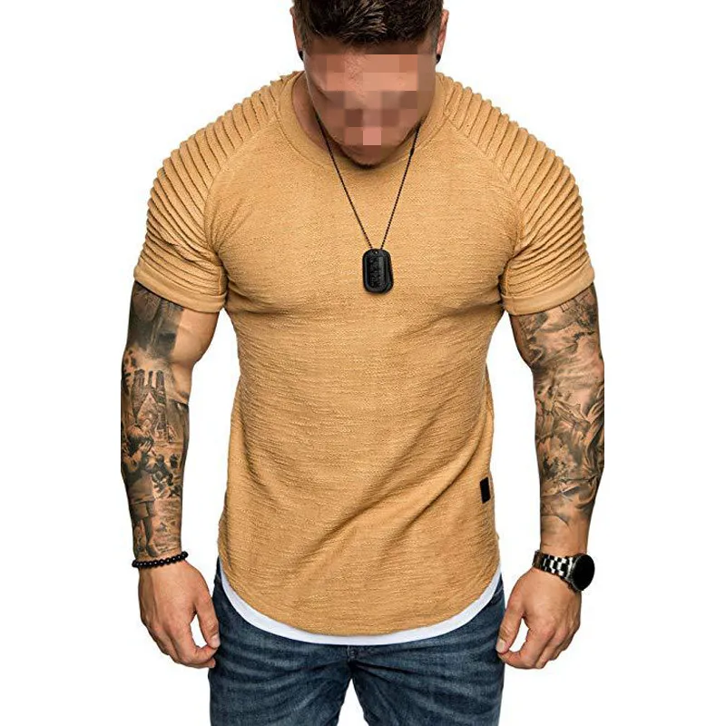 Fashion Pleated Sleeve Men T-shirt Striped Shoulder Funny T Shirts Hip Hop Tops Slim Fit Short Sleeve Summer Tees Shirts  MY074