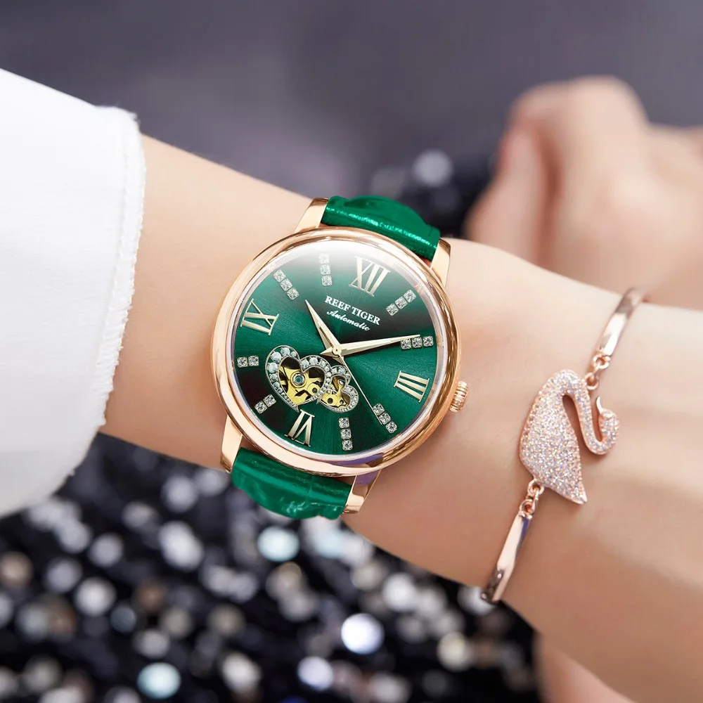 Reef Tiger/RT New Design Fashion Ladies Watch Rose Gold Green Dial Mechanical Watch Leather Band Montre Femme RGA1580