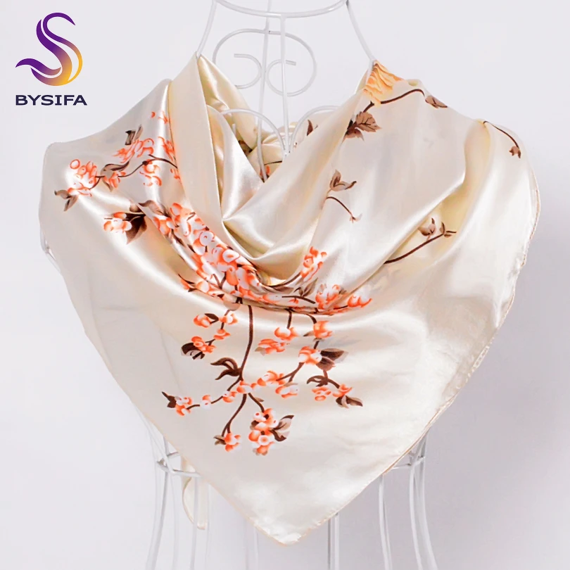 [BYSIFA] Chinese Silk Scarves New Women Winter Plaid Satin Square Scarves 90*90cm Grey White Floral Female Hijab Scarves Stoles