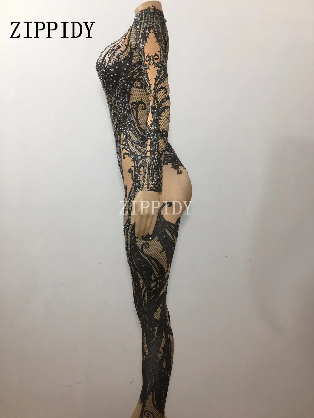 Della Cavità di modo Nero Cristalli Stretch Tuta Sexy Bar Discoteca di Ballo di Usura Della Tuta Leggings Vestiti di Prestazione