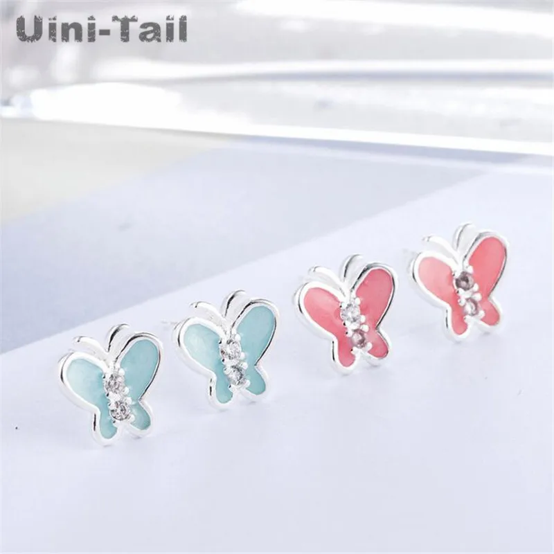 Uini-Tail hot new 925 Tibetan silver cute pink small butterfly earrings Korean fashion tide flow high quality jewelry GN460