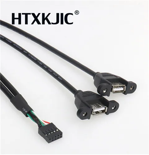 

High Quality 30cm Motherboard Internal 9pin Pitch 2.54mm to Dual Port USB 2.0 A Female Screw Lock Panel Mount Cable 50cm