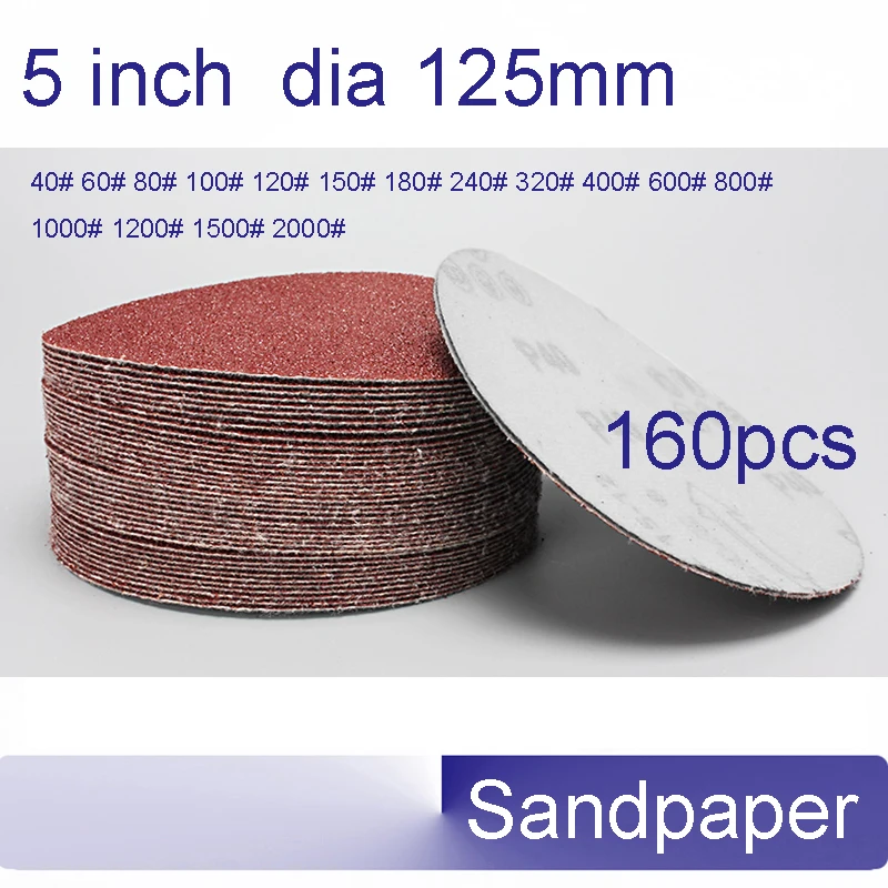 160pcs 5 นิ้ว 125mm flocking กระดาษทราย disc sanding แคชเมียร์ abrasives กล่องแห้งบดขัด