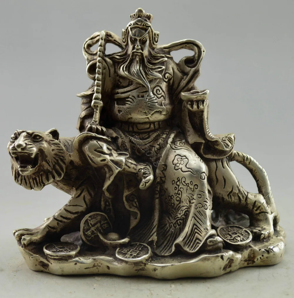 

Collectible Decor Old Handwork Miao Silver Carved Gong Ming Riding Tiger Statue metal handicraft home decoration