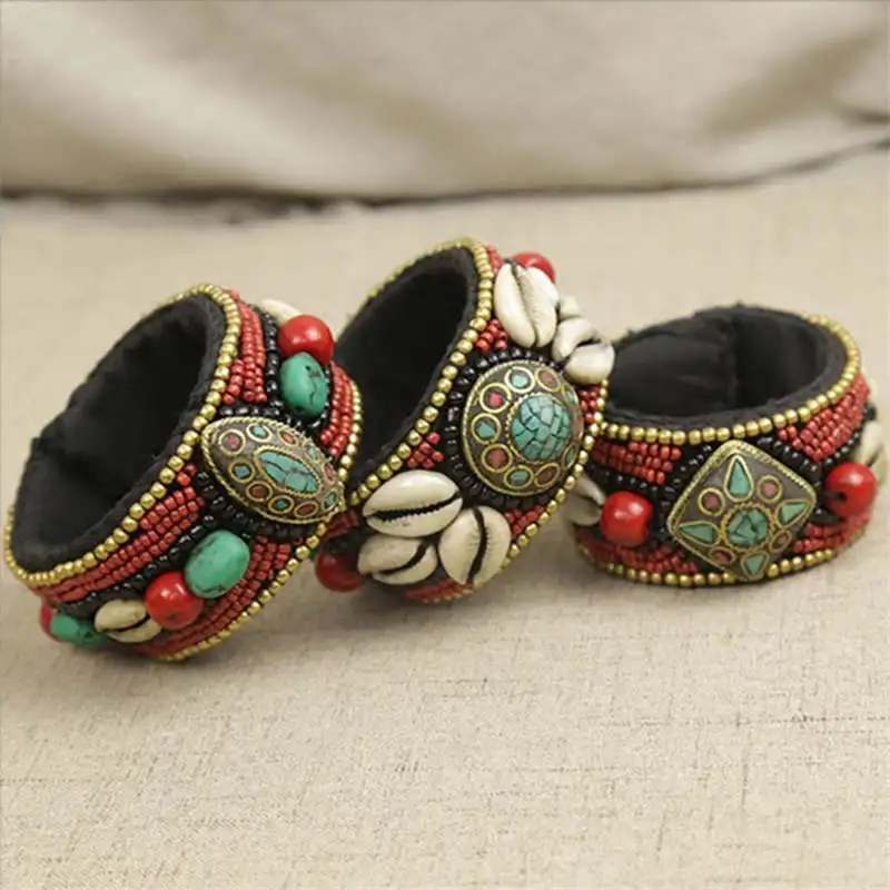 BB-168 Tibetan Fashion Open Cuff Bangle Tibet Ethnic Hand Sewed Shells Bohemian Bangle