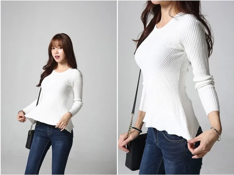 Autumn Winter Basic Tops Women Fashion Long Sleeve Cute Bodysuit Slim Peplum Top Gray White Khaki Knitted Sweater Pullovers 7331