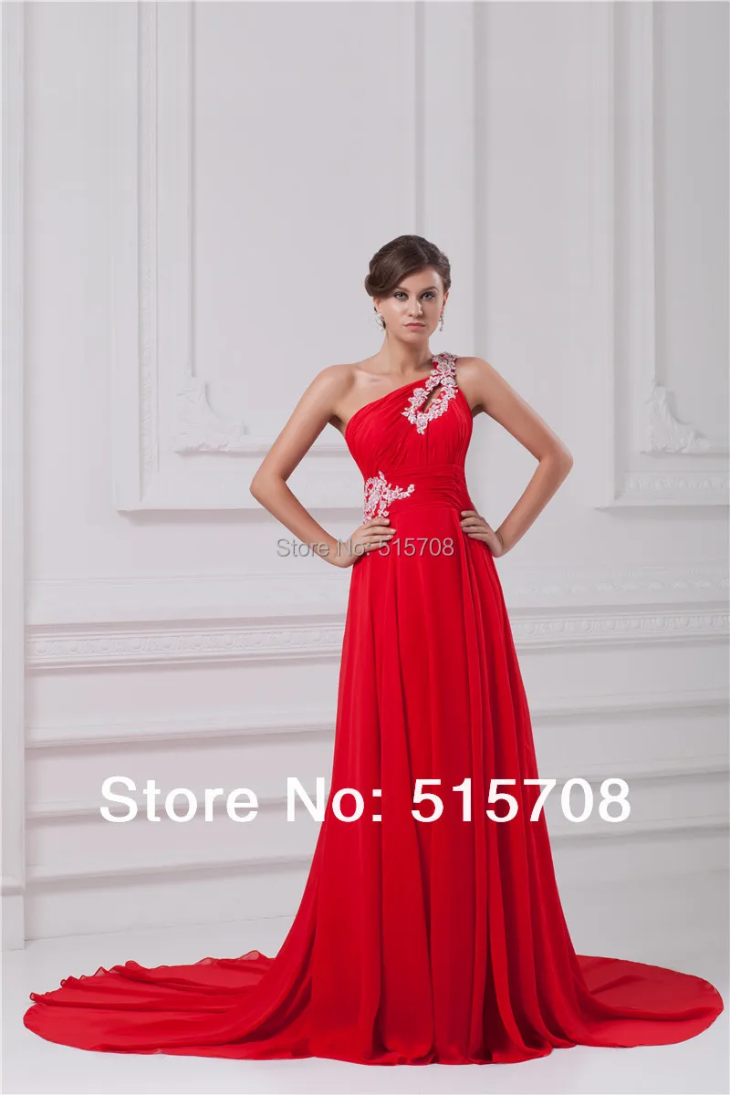 2015 Custom One Shoulder Red Chiffon Prom Gown Court Train Formal Evening Dresses Cheap Size 2 4 6 8 10 12 14 16