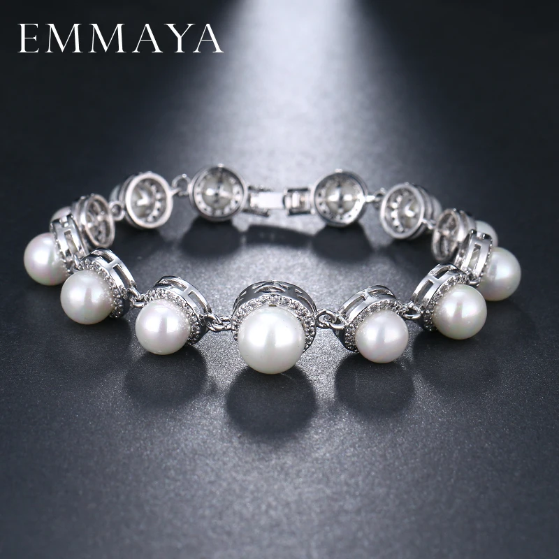 EMMAYA New Simulated Pearl Bracelet with Cz Beads Paved Women Bracelet Fashion Silver Color Wedding Jewelry