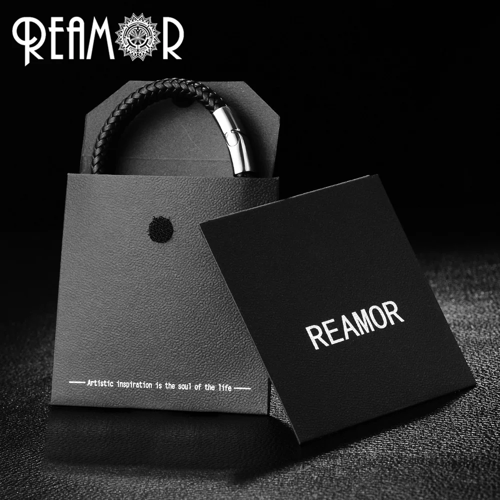 REAMOR 100% Genuine Leather/PU Braided Bracelet with Stainless steel Magnetic Clasp Bracelets Bangle for Men Jewelry Gifts
