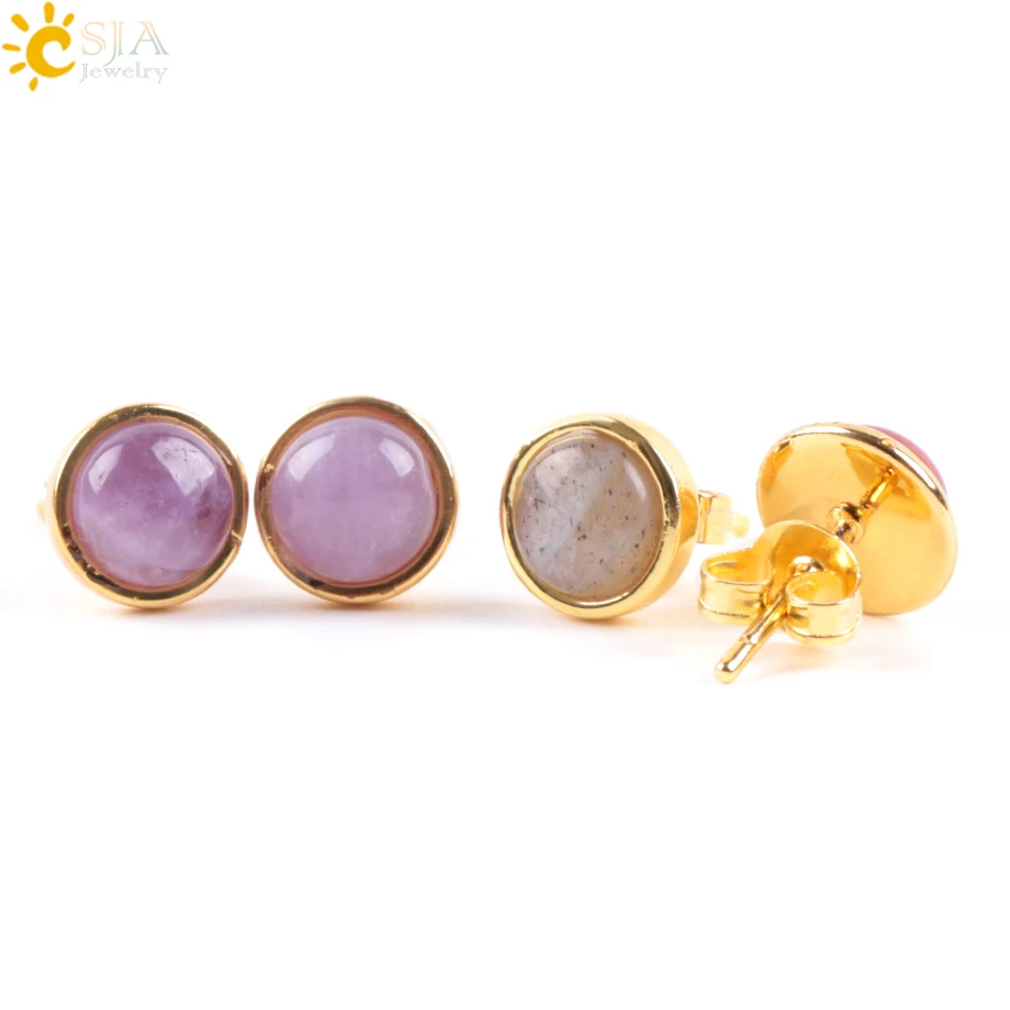 CSJA Femme Gold Color Round Stud Earrings Natural Gem Stone Green Black Red Earring Lapis Lazuli Pink Crystal Beads Jewelry E597