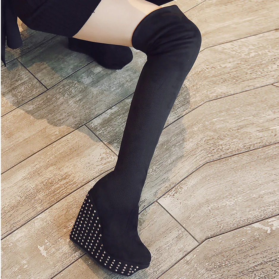 Rivet Wedges Platform Over The Knee Boots Winter Women Thick Bottom High Heels Shoes Woman Flock Lace Up Thigh High Boots WB1420