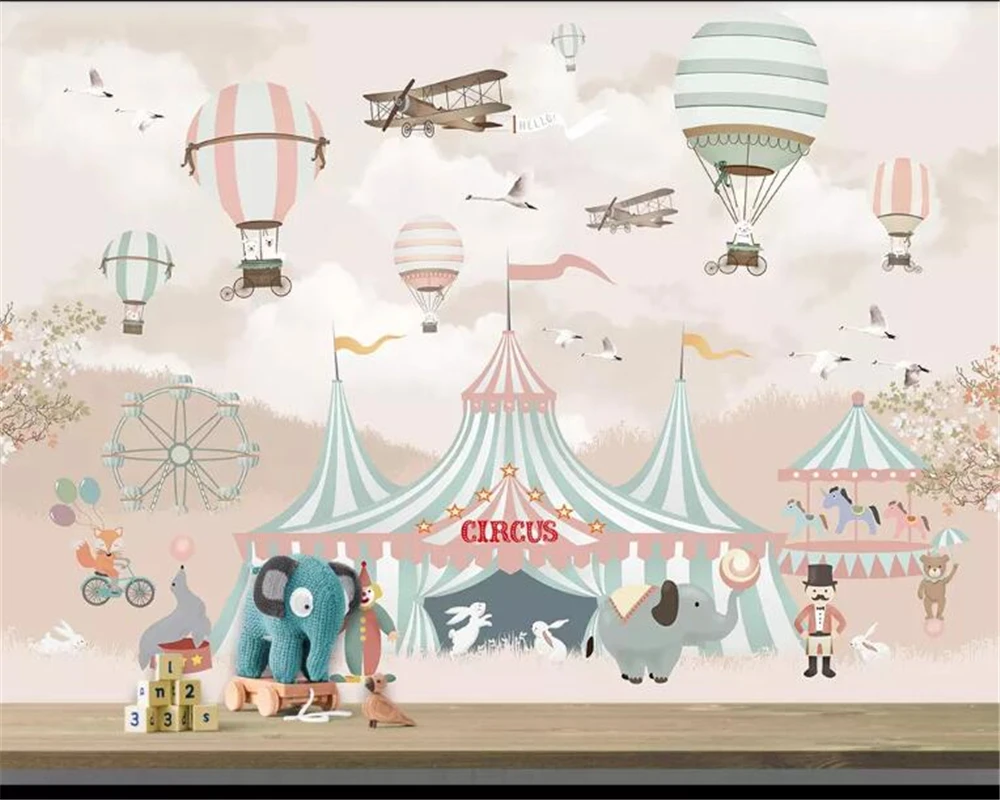 

Beibehang Large 3d Wallpaper 3 photo Cartoon Hot Air Balloon Airplane Animal Pup Circus Playground Background Wall 3d wallpaper