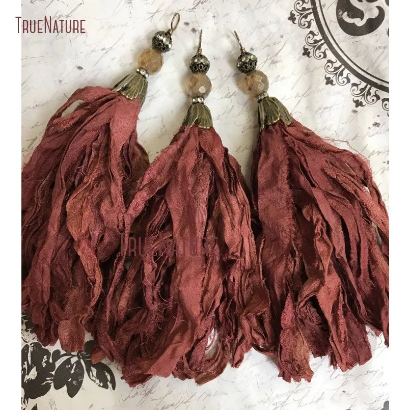 

Sari Silk Tassel Pendant Vintage Plum Sari Silk Tassel Necklace Charm Antique Brass Flower Bead Cap Jewelry Findings PM14459