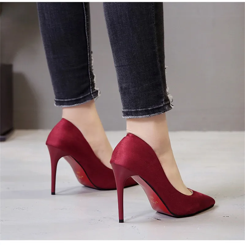 Plus Size 44 Pumps Women Shoes Red Flock Slip-On Shallow Wedding Party Pointed Toe High Heels Pump Chaussures Femme 2022