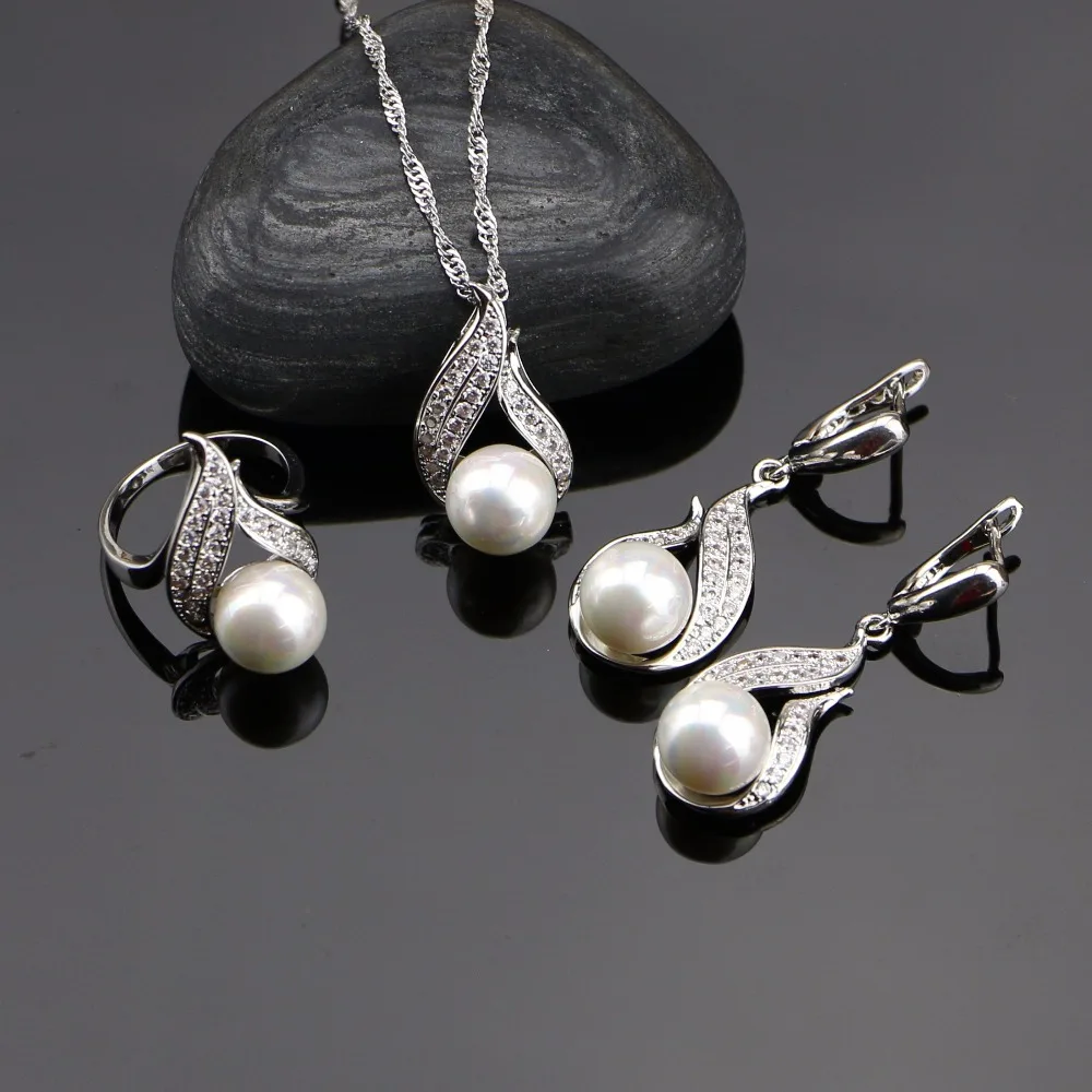 925 Sterling Silver Jewelry Sets Freshwater Pearls With White Beads Women Wedding Earrings/Pendant/Ring/Necklace Set