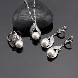 925 Sterling Silver Jewelry Sets Freshwater Pearls With White Beads Women Wedding Earrings/Pendant/Ring/Necklace Set