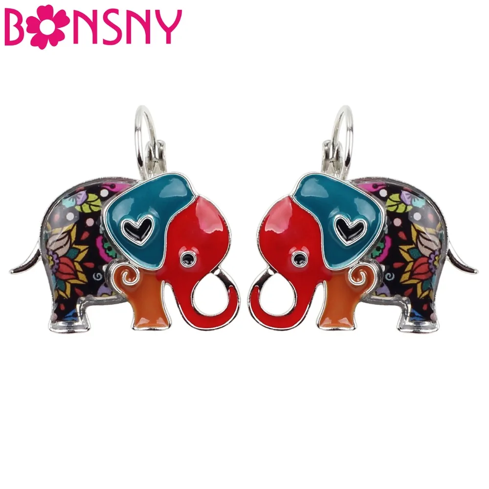 Bonsny Enamel Colorful Jungle Elephant Earrings Stud Drop French Clip Dangle Alloy Fashion Animal Jewelry For Girls Women Ladies