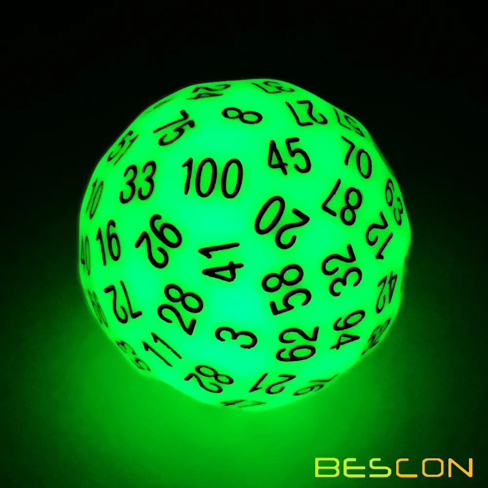 

Bescon Super Jade Glow in Dark Polyhedral Dice 100 Sides, Luminous D100 die, 100 Sided Cube, Glowing D100 Game Dice