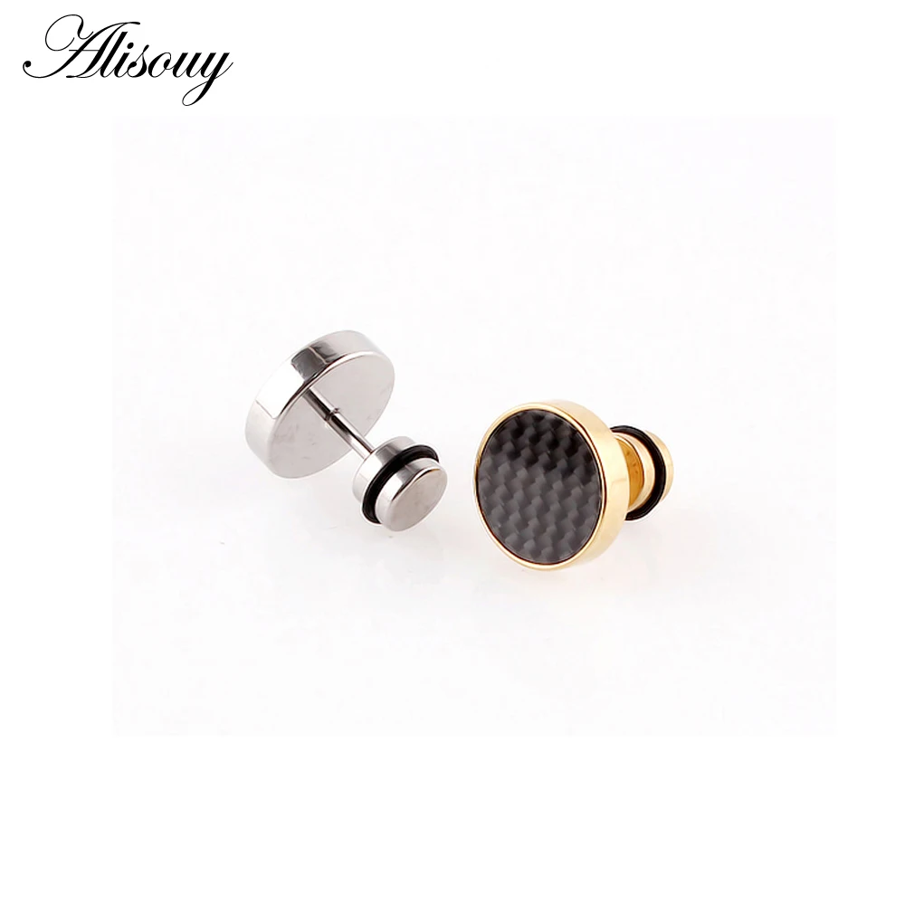 Alisouy 2pcs 8mm Mens Black Gold Color Stud Earrings Stainless Steel Tunnel Plug With Carbon Fiber Jewerly Aretes De Mujer