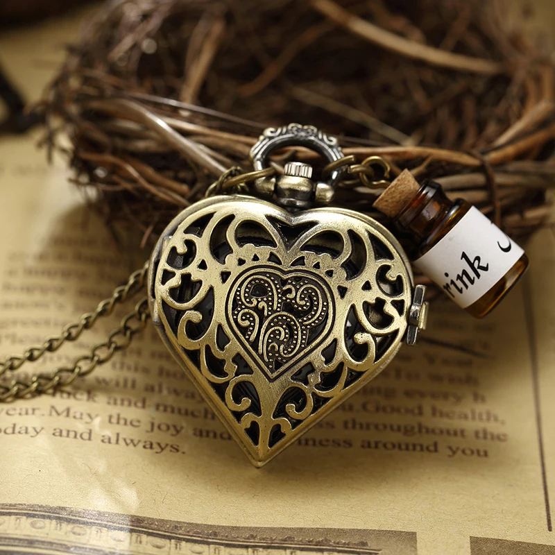 Silver Hollow Heart-shaped Quartz Pocket Watch Necklace Pendant Chain Women Honey Girl Friend Lover's Gift  Reloj de bolsillo