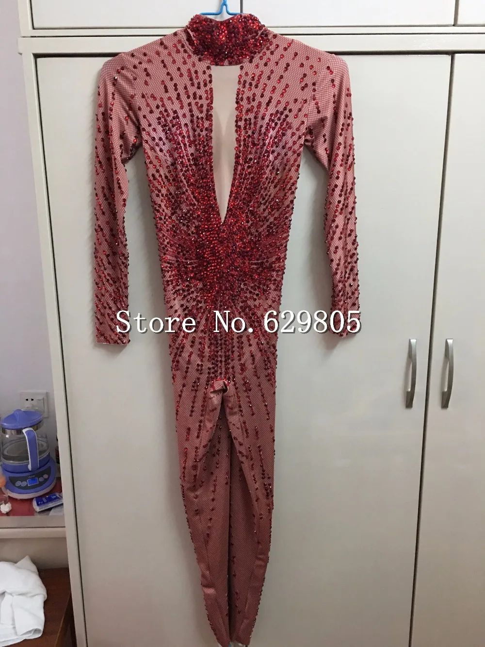 เซ็กซี่สีแดง Rhinestones Jumpsuit ผู้หญิงยืด Jumpsuit ชุด Full Stone Bodysuit Sparkly Rhinestones Stage เครื่องแต่งกาย