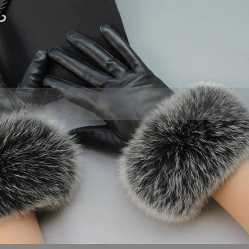 Luxury Leather Gloves With Real Fox Fur Womens Fashion 2022 Winter Red Hand Warm Black Glove Women Driving Matural Fur Gloves