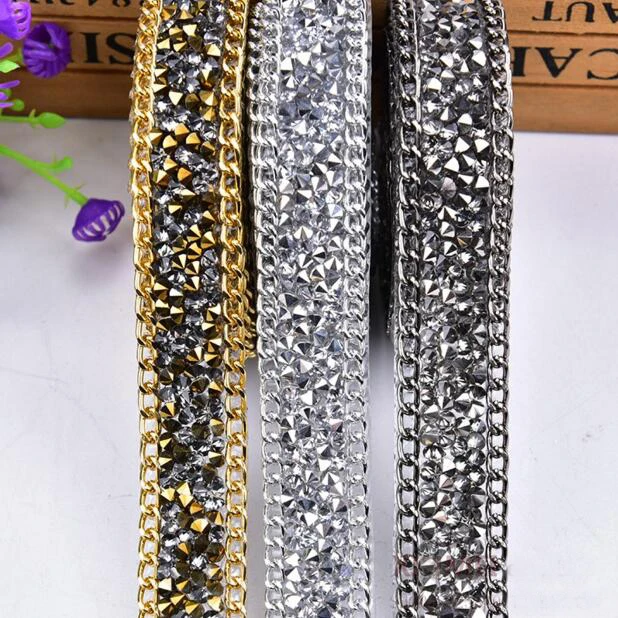 5yards Gold Silver Chain Lace Trim Beaded Rhinestone Lace Applique Sewing On Wedding Dresses Belt Sashes Crystal DIY Accessory