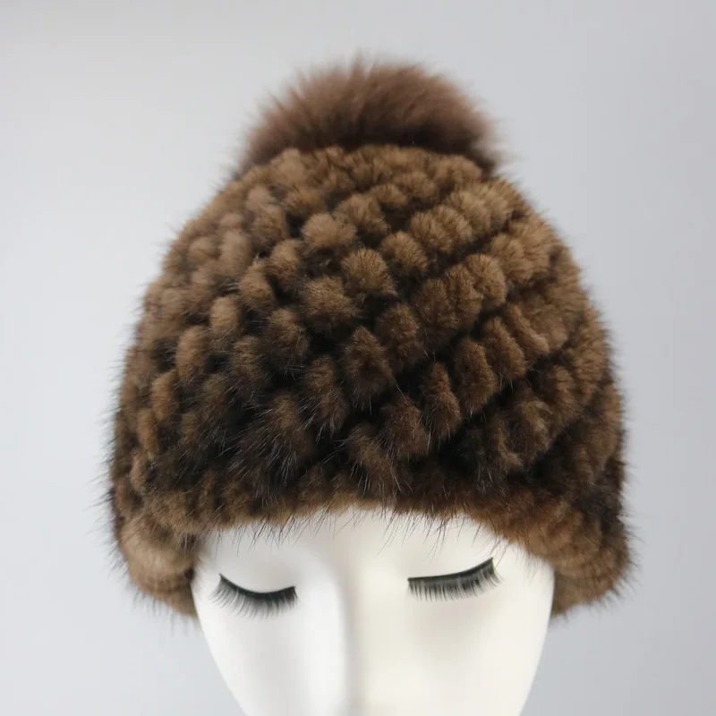 MPPM Russian Real mink fur hat for women winter knitted mink fur beanie cap fox fur pom pom hat new thick female cap