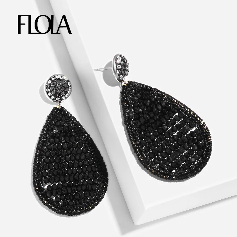 FLOLA  Black Beaded Earrings for Woman Boho Teardrop grote Earring Beads Ethnic Jewelry Statement Glitter Oorbellen ersp26