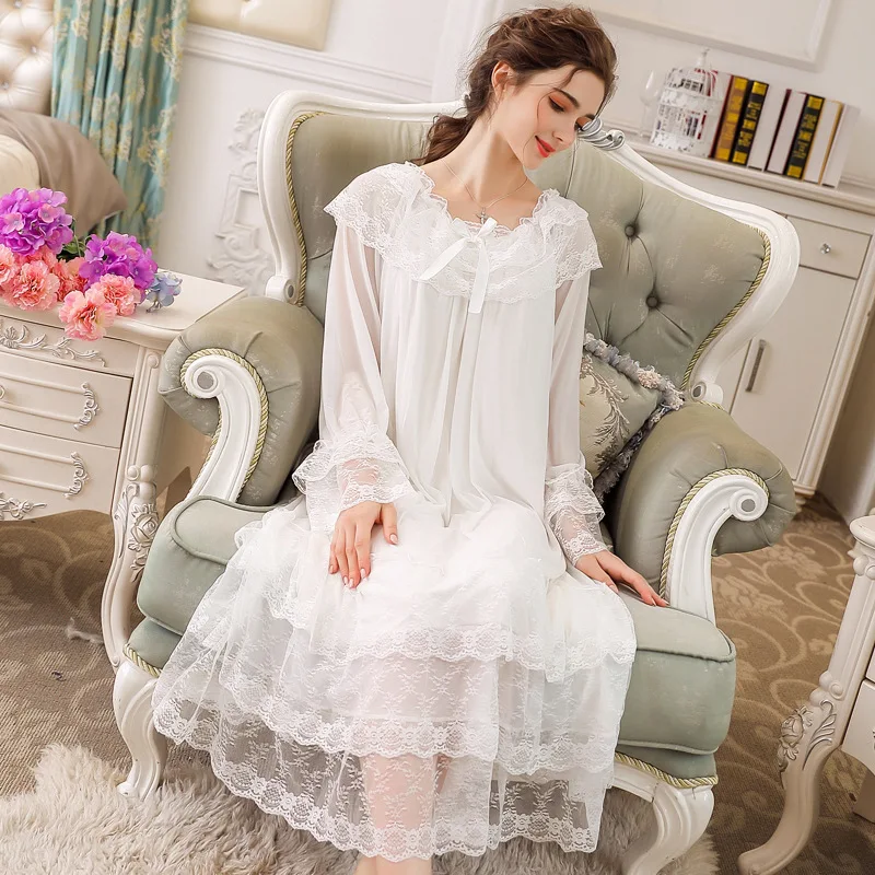 

Night Dress Palace Princess French Spring Autumn Nightgowns Modal Long Sleeve Sleeping Skirt Big Size Female Nightwear H5540
