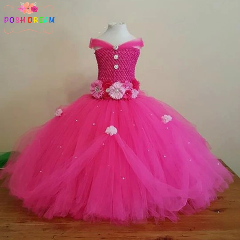 POSH DREAM Beautiful Hot Pink Princess Tutu Dress Kids Girls Ball Gown with Rhinestone Perfect for Weddings Flower Girl Dresses