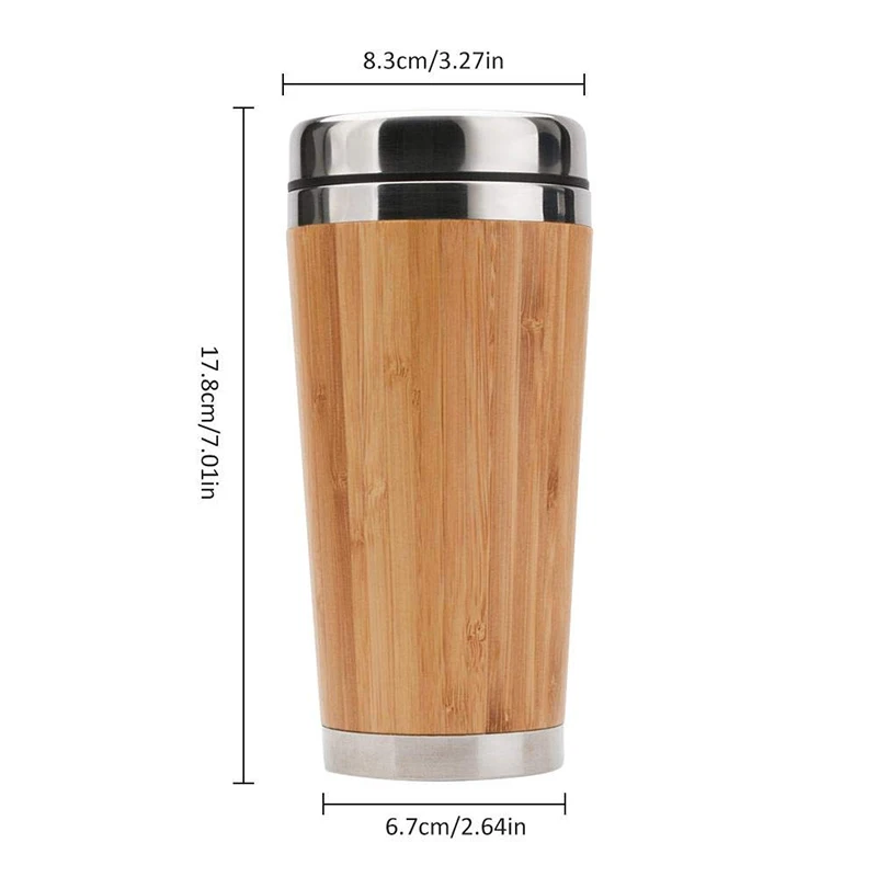 UPORS 450ml Bamboo Coffee Cup Stainless Steel Coffee Mug with Leak Proof Lid Travel Reusable Wooden Mug Insulated Coffee Tumbler