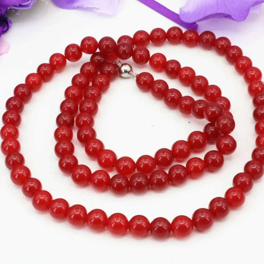 New fashion charms natural round red stone jades chalcedony 10mm beads long chain necklace for women gifts jewelry 34inch B3210